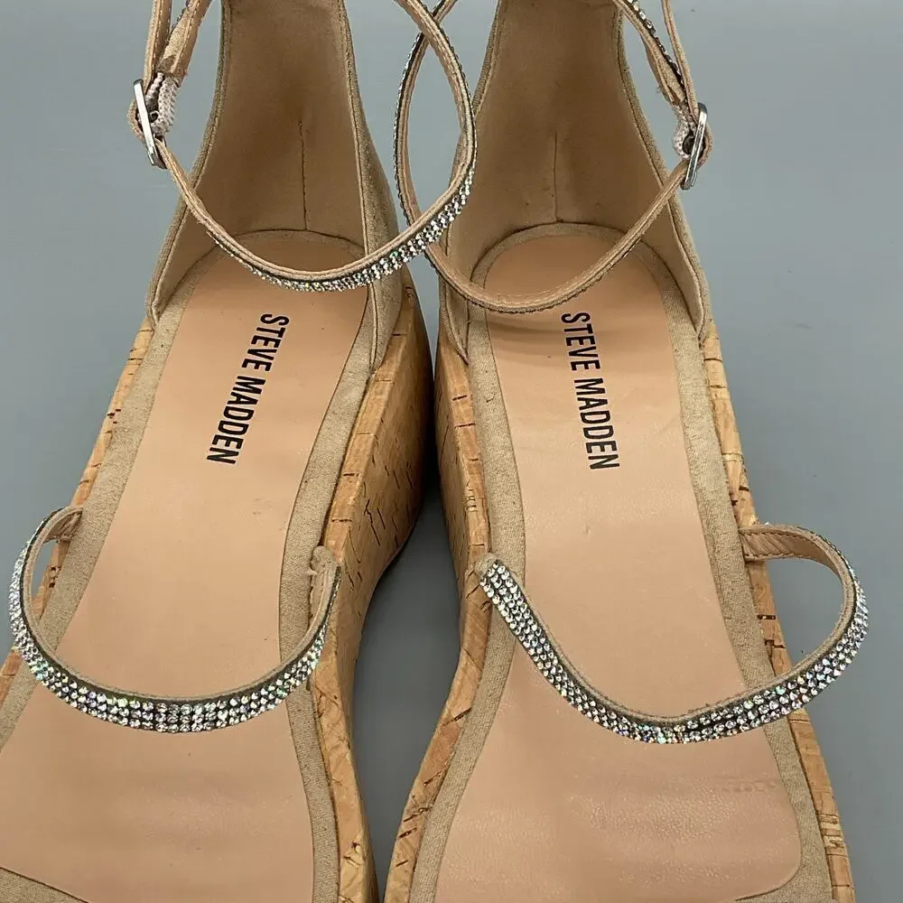 NEW Steve Madden Girls Varia Rhinestone Wedge Sandals Beige Size 4